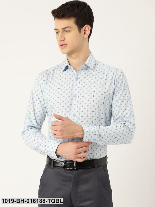 Men's Cotton Sky Blue & Multi Printed Formal Shirt