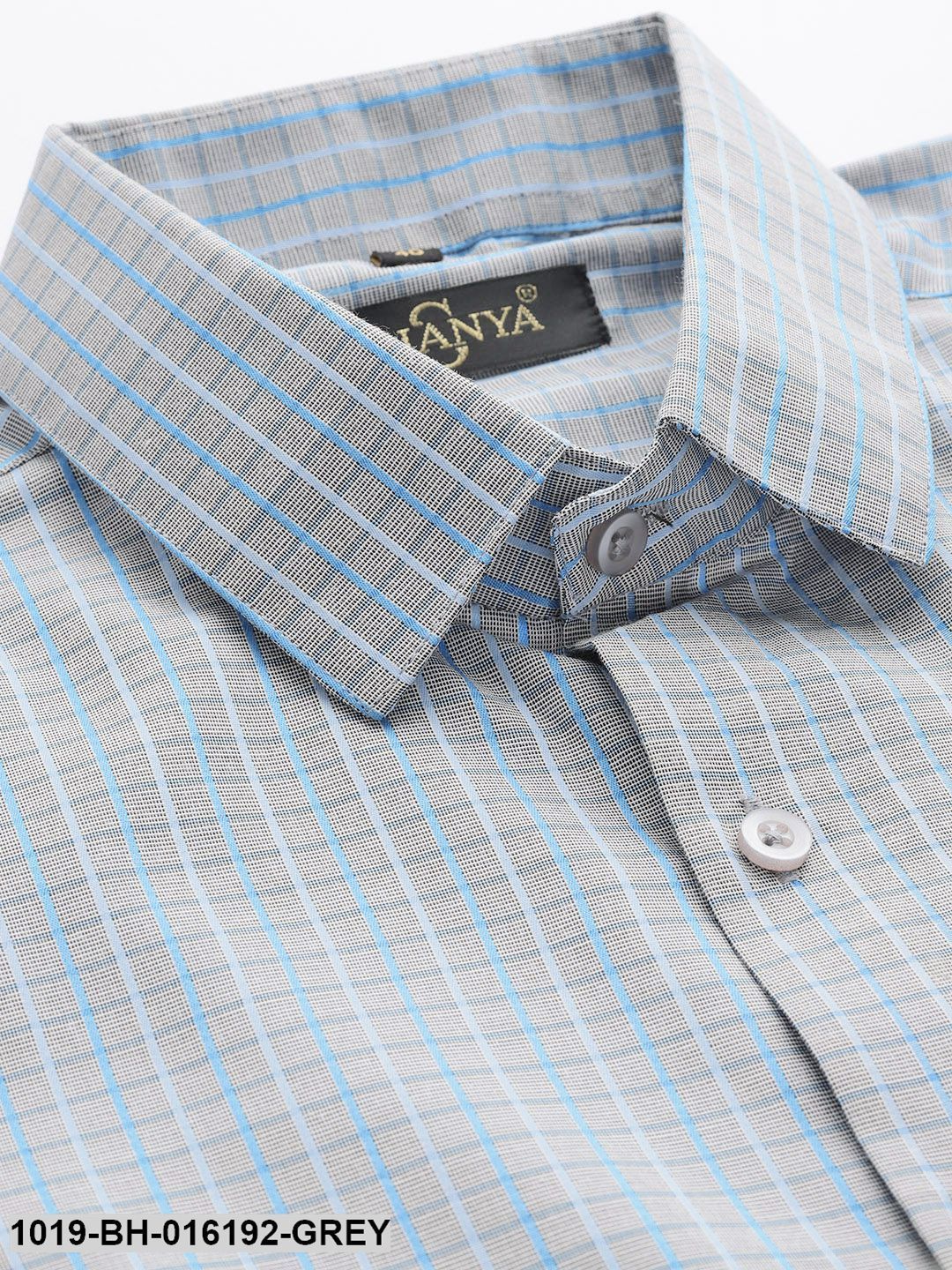 Men's Cotton Grey & Blue Checked Formal Shirt