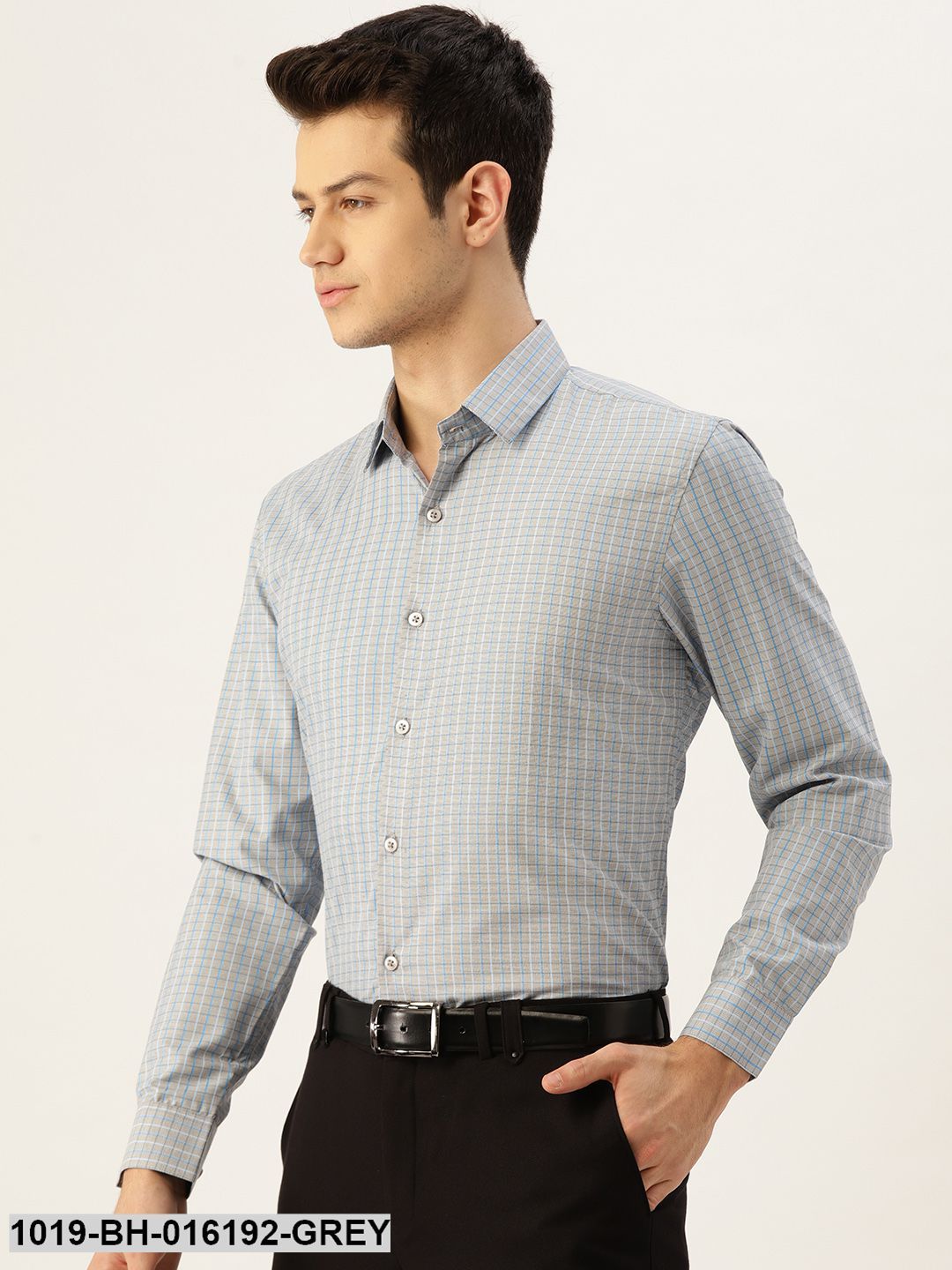 Men's Cotton Grey & Blue Checked Formal Shirt