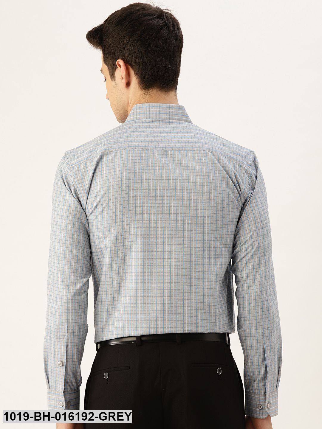 Men's Cotton Grey & Blue Checked Formal Shirt