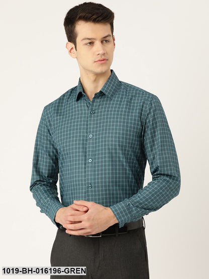 Men's Cotton Bottle Green & Sea Green Checked Formal Shirt