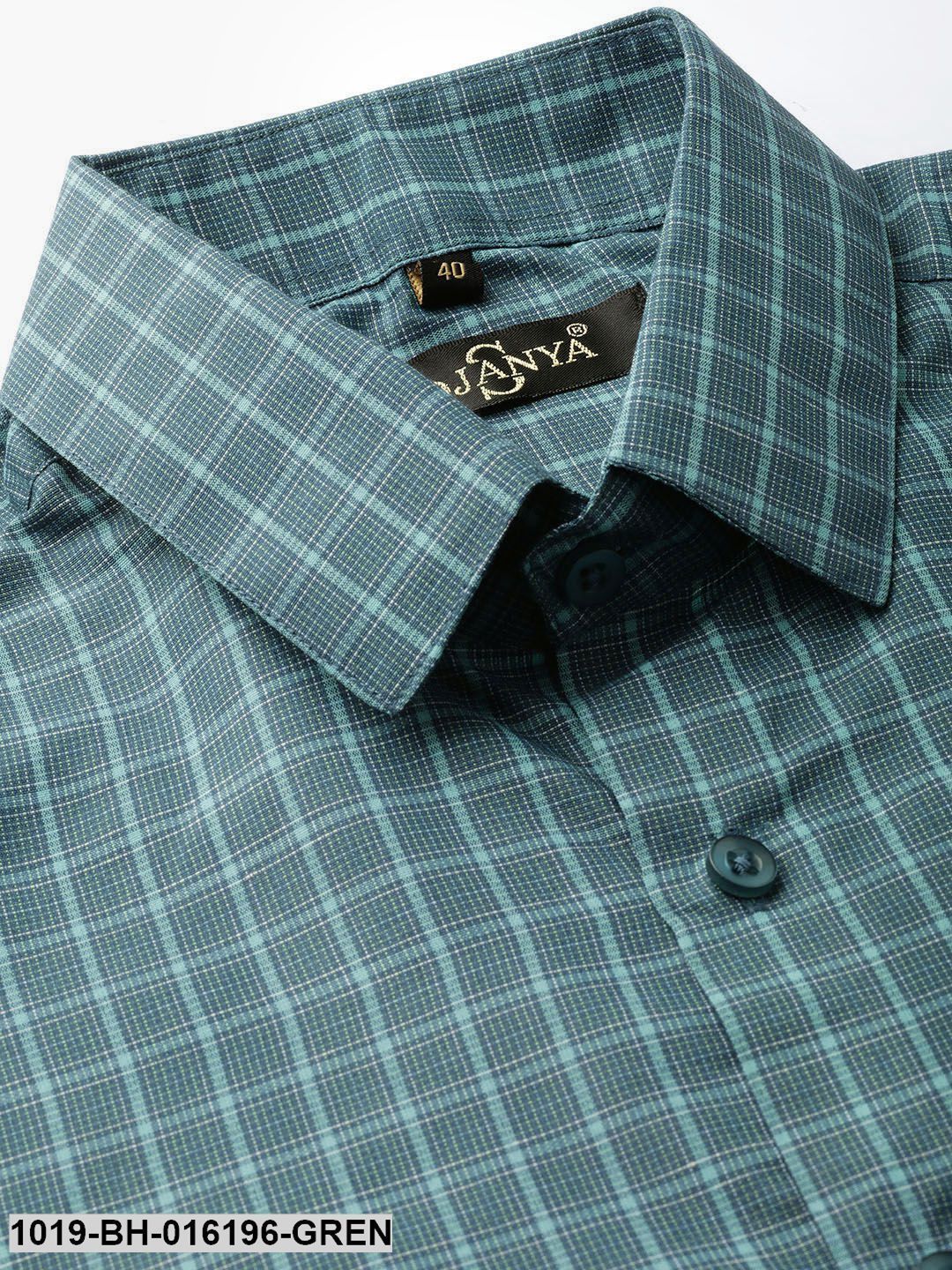 Men's Cotton Bottle Green & Sea Green Checked Formal Shirt