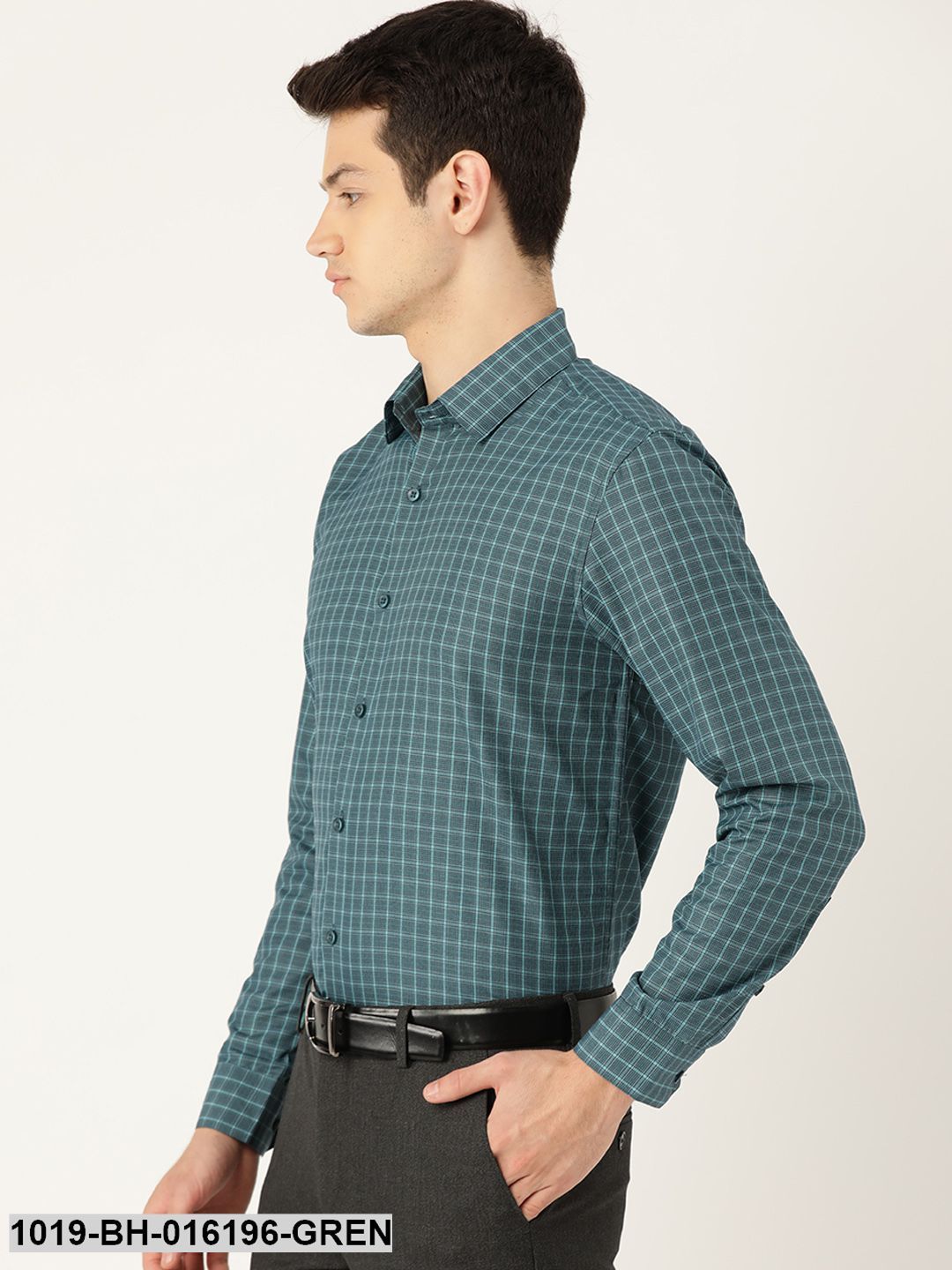 Men's Cotton Bottle Green & Sea Green Checked Formal Shirt