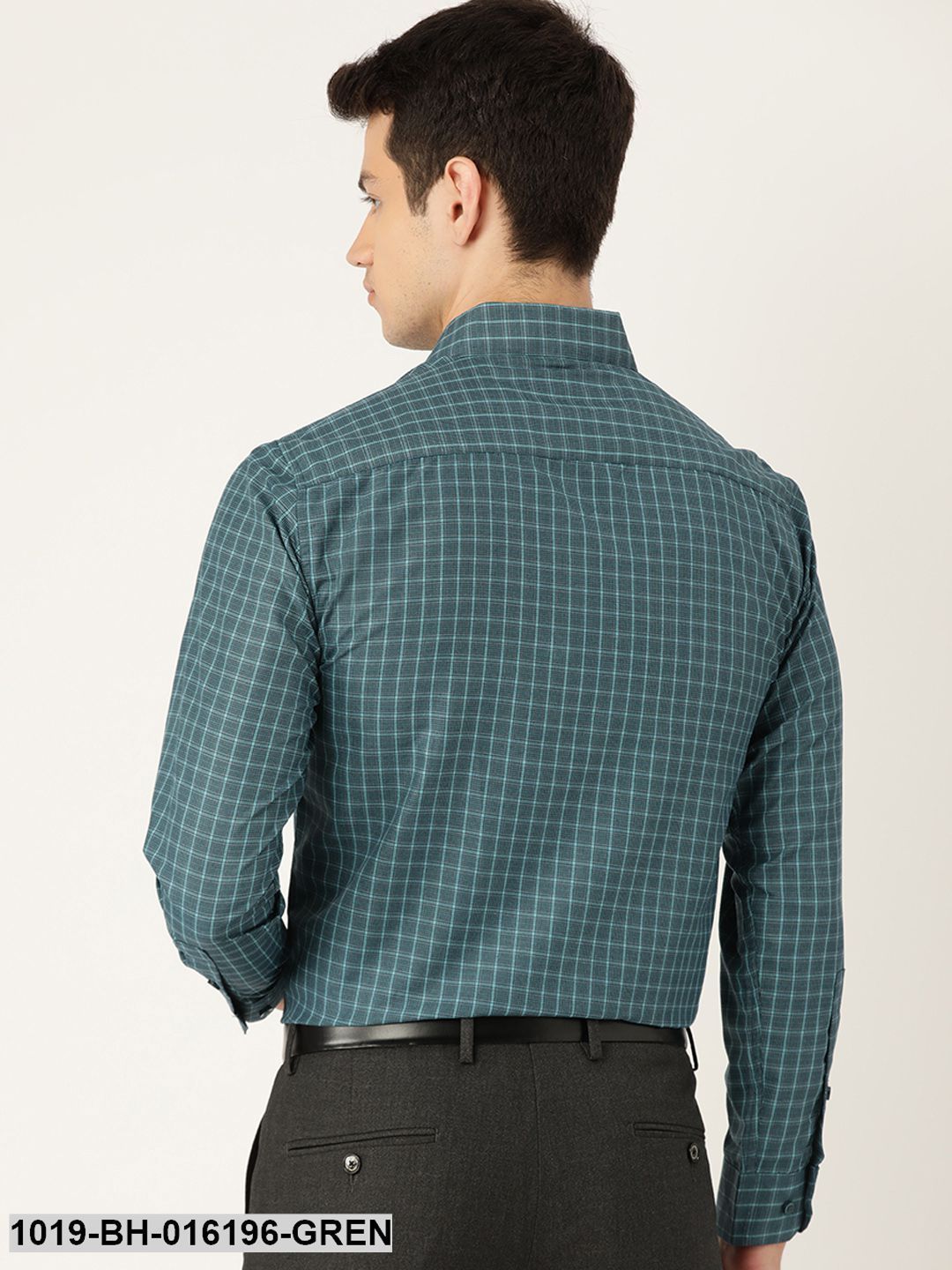 Men's Cotton Bottle Green & Sea Green Checked Formal Shirt