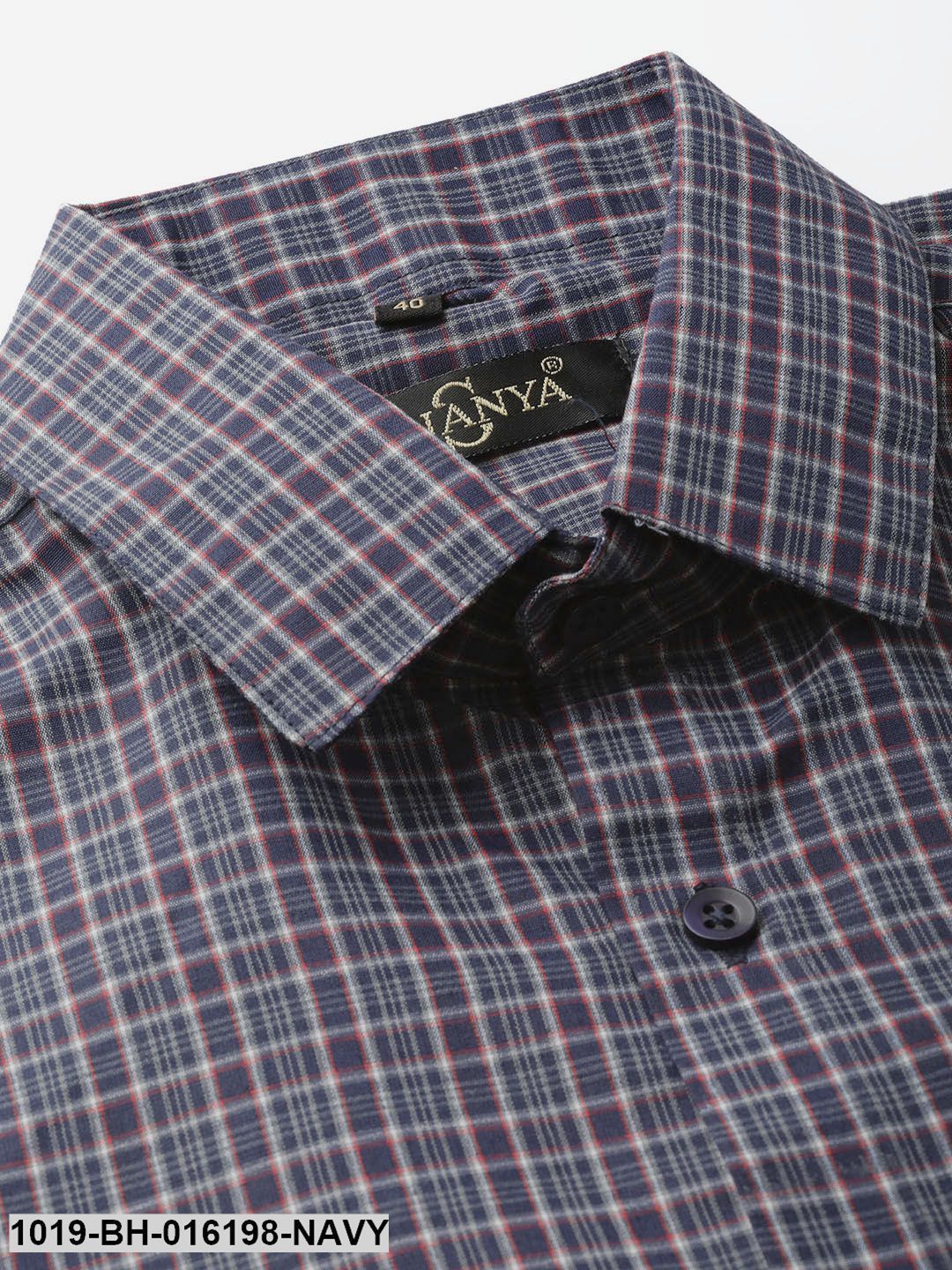 Men's Cotton Navy Blue & Grey Checked Formal Shirt