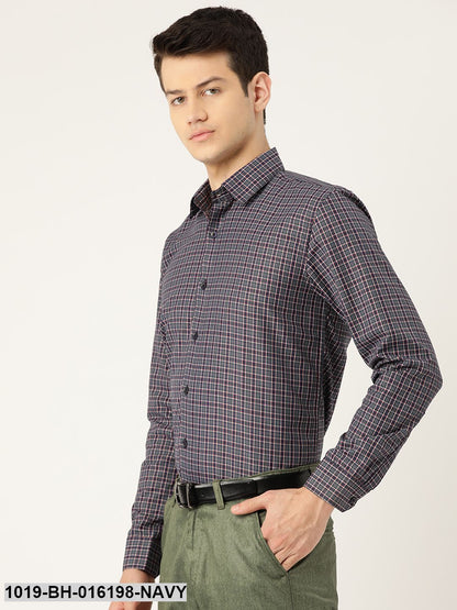 Men's Cotton Navy Blue & Grey Checked Formal Shirt