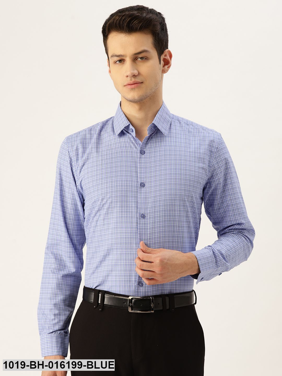 Men's Cotton Blue & Off White Checked Formal Shirt