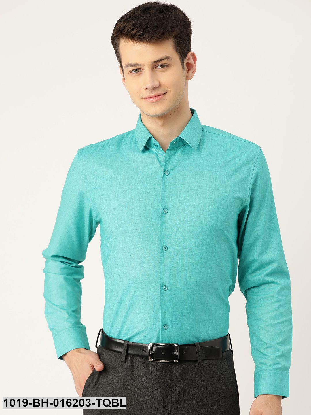 Men's Cotton Linen Turquoise Blue Solid Formal Shirt