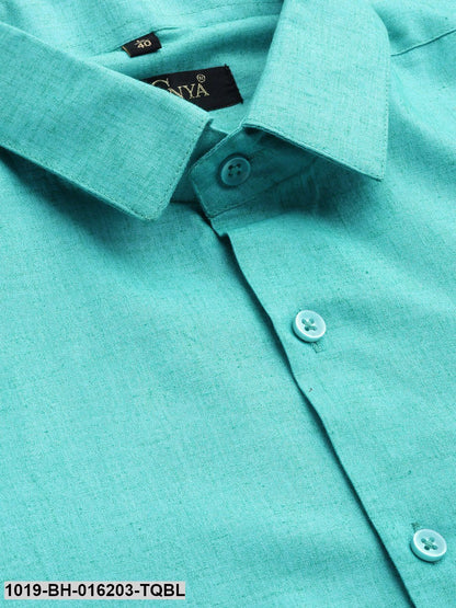 Men's Cotton Linen Turquoise Blue Solid Formal Shirt