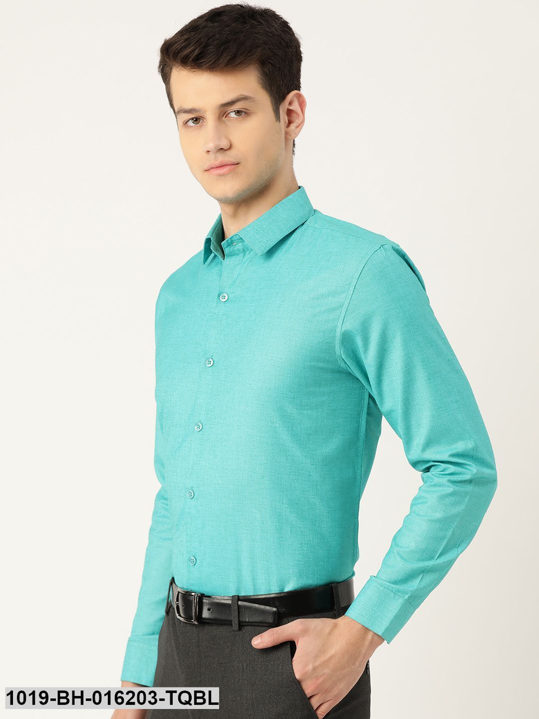 Men's Cotton Linen Turquoise Blue Solid Formal Shirt