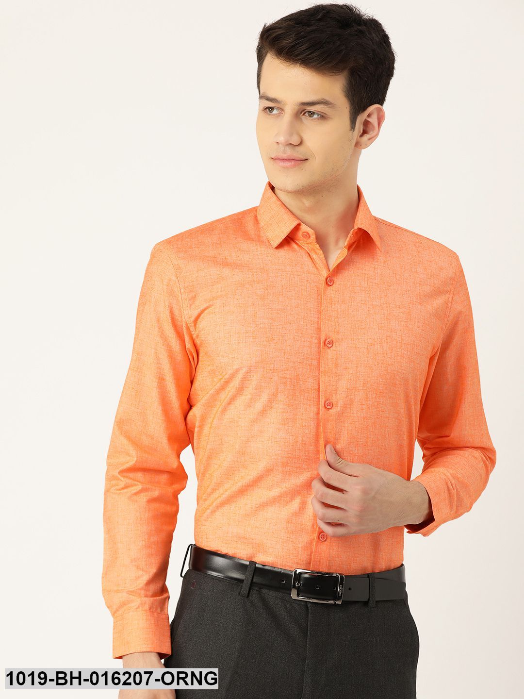 Men's Cotton Linen Orange Solid Formal Shirt