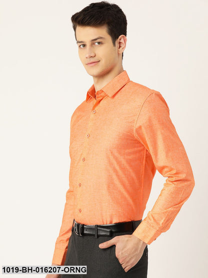 Men's Cotton Linen Orange Solid Formal Shirt