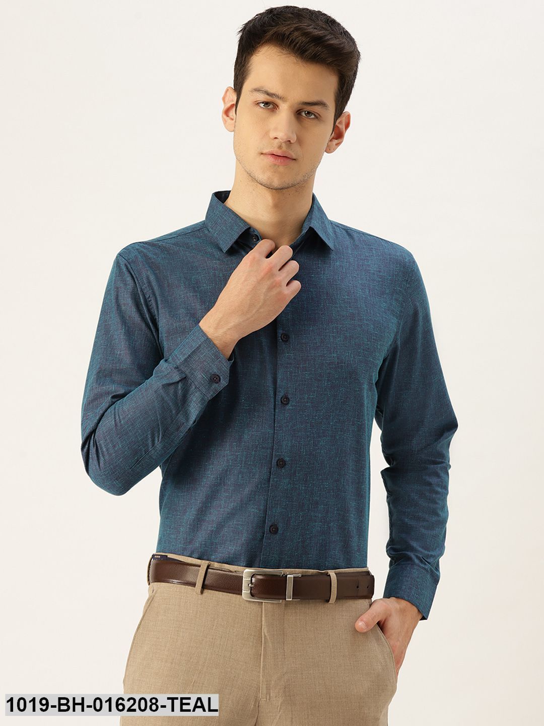 Men's Cotton Linen Teal Blue Solid Formal Shirt