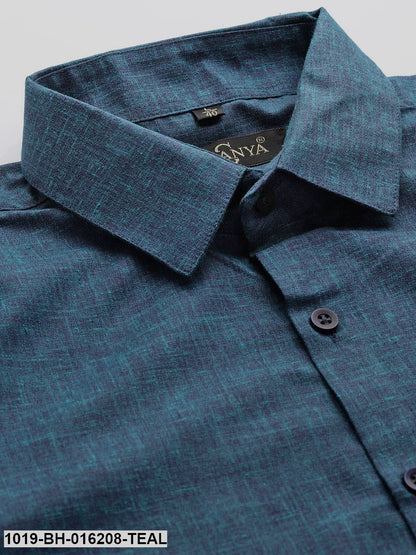 Men's Cotton Linen Teal Blue Solid Formal Shirt