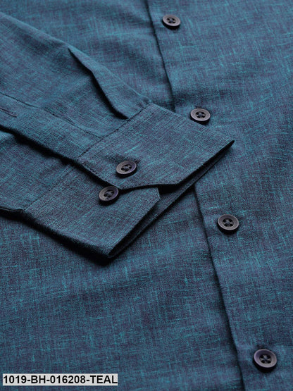 Men's Cotton Linen Teal Blue Solid Formal Shirt