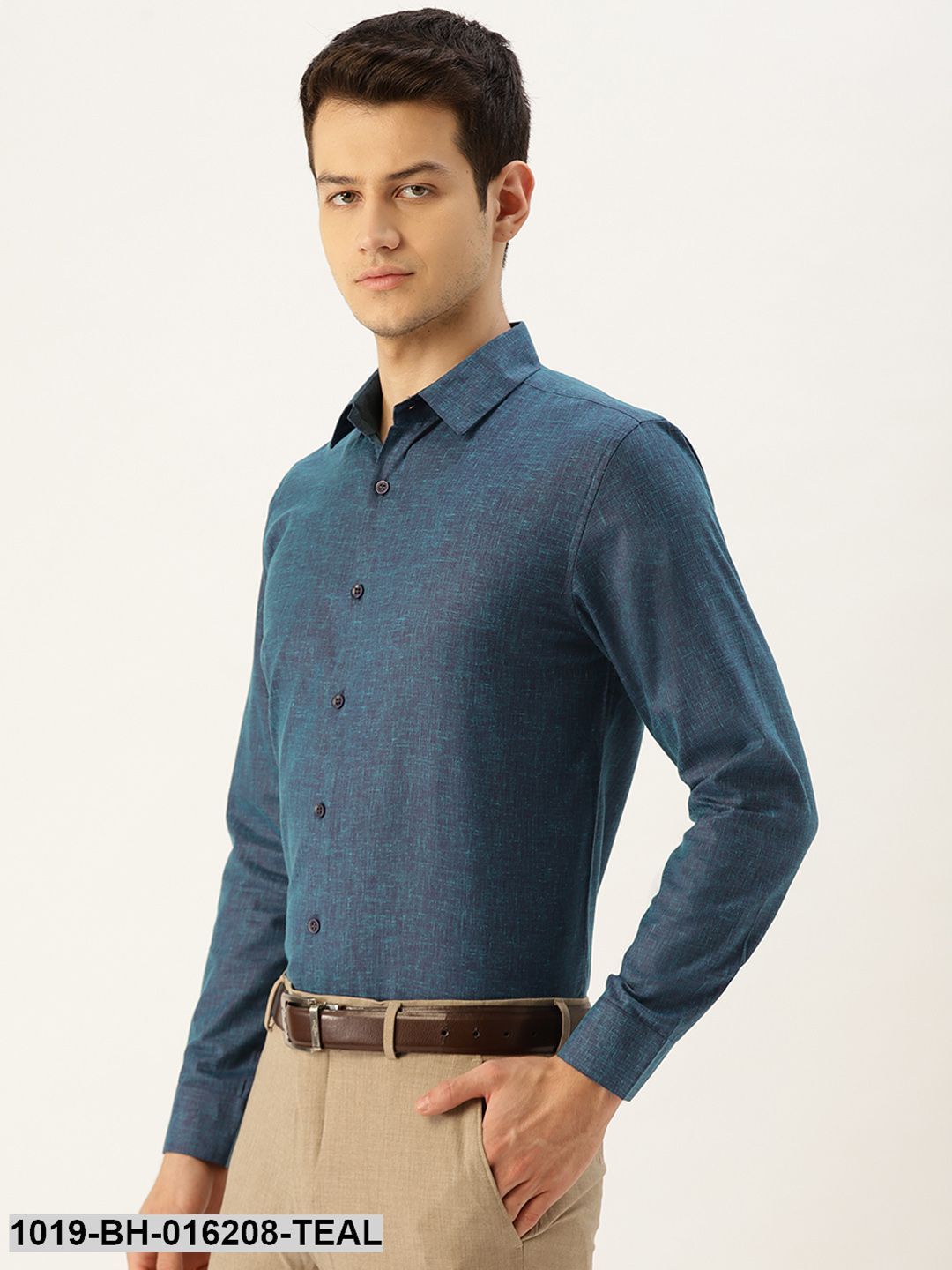 Men's Cotton Linen Teal Blue Solid Formal Shirt