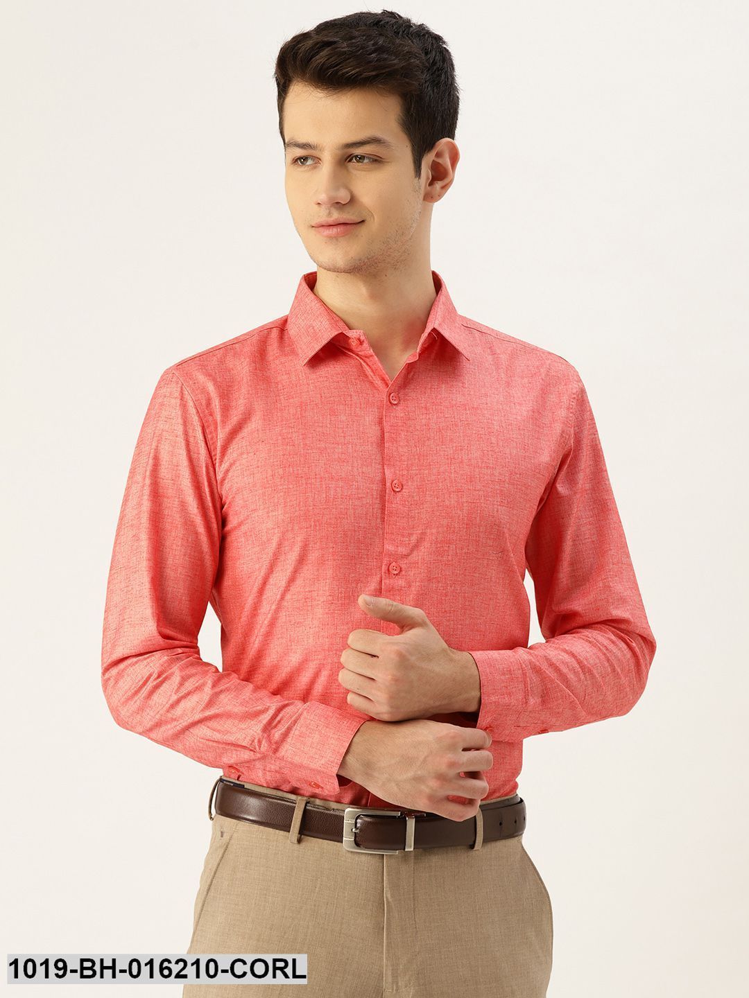 Men's Cotton Linen Coral Solid Formal Shirt