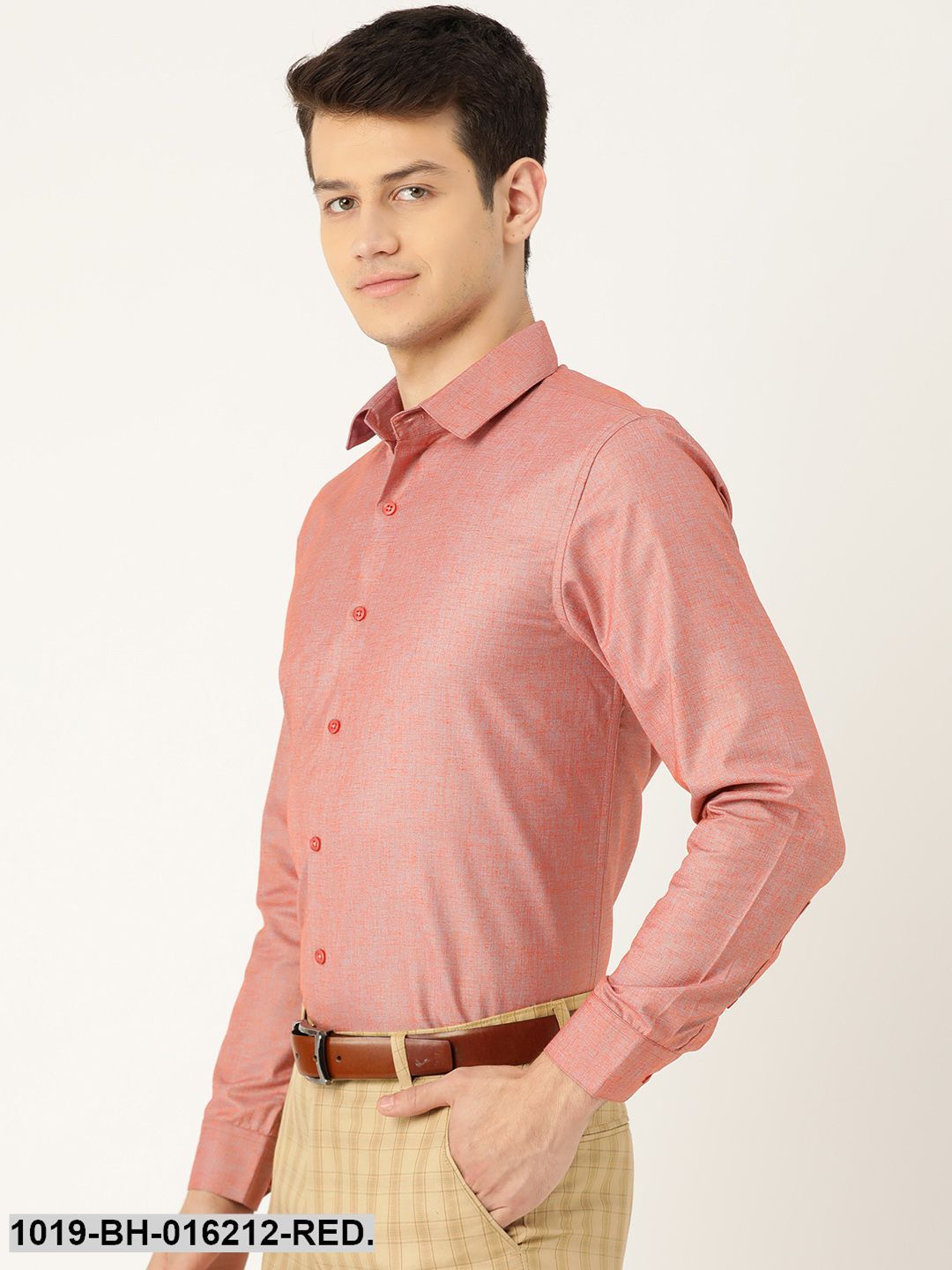 Men's Cotton Linen Red & Grey Solid Formal Shirt