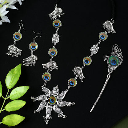 Oxidised Silver-Plated Peacock design Necklace with Earrings Jkms_133