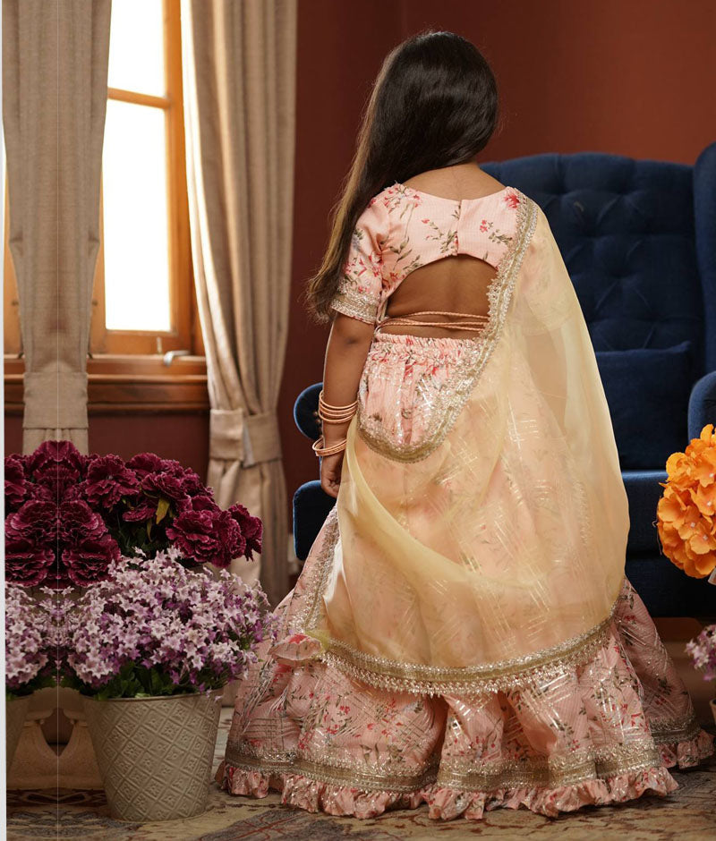 Girl's Peach Kotta Printed Lehenga Choli And Dupatta