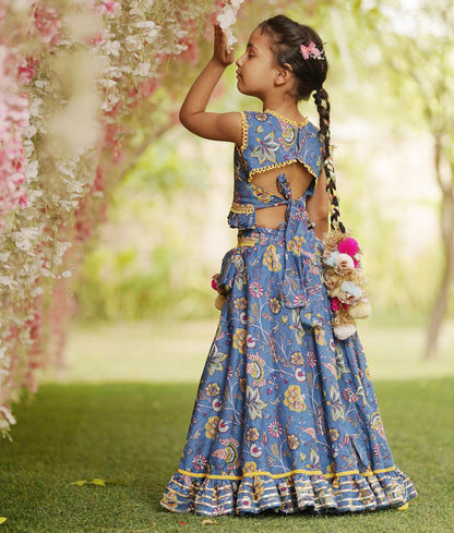 Girl's Blue Print Lehenga Choli