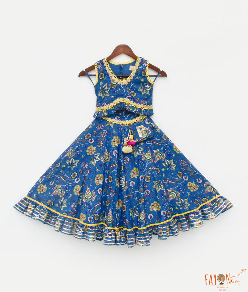 Girl's Blue Print Lehenga Choli