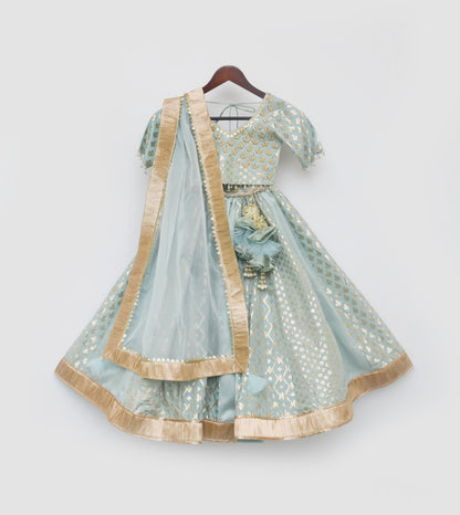 Girl's Blue Chanderi Lehenga Choli And Dupatta