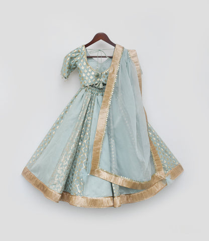 Girl's Blue Chanderi Lehenga Choli And Dupatta