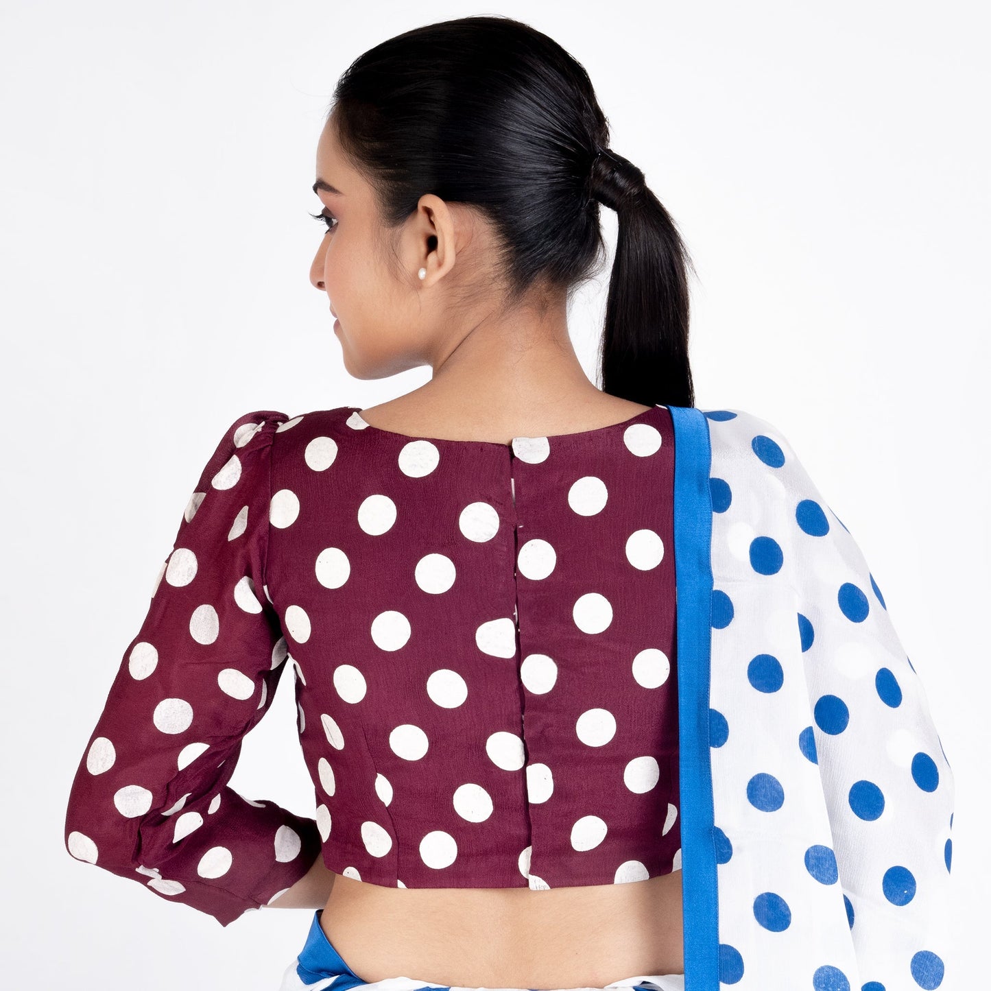 Women's Maroon Polka Dotted Front Side Pleadted Padded Chiffon Blouse