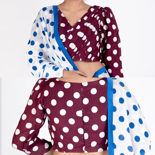 Women's Maroon Polka Dotted Front Side Pleadted Padded Chiffon Blouse