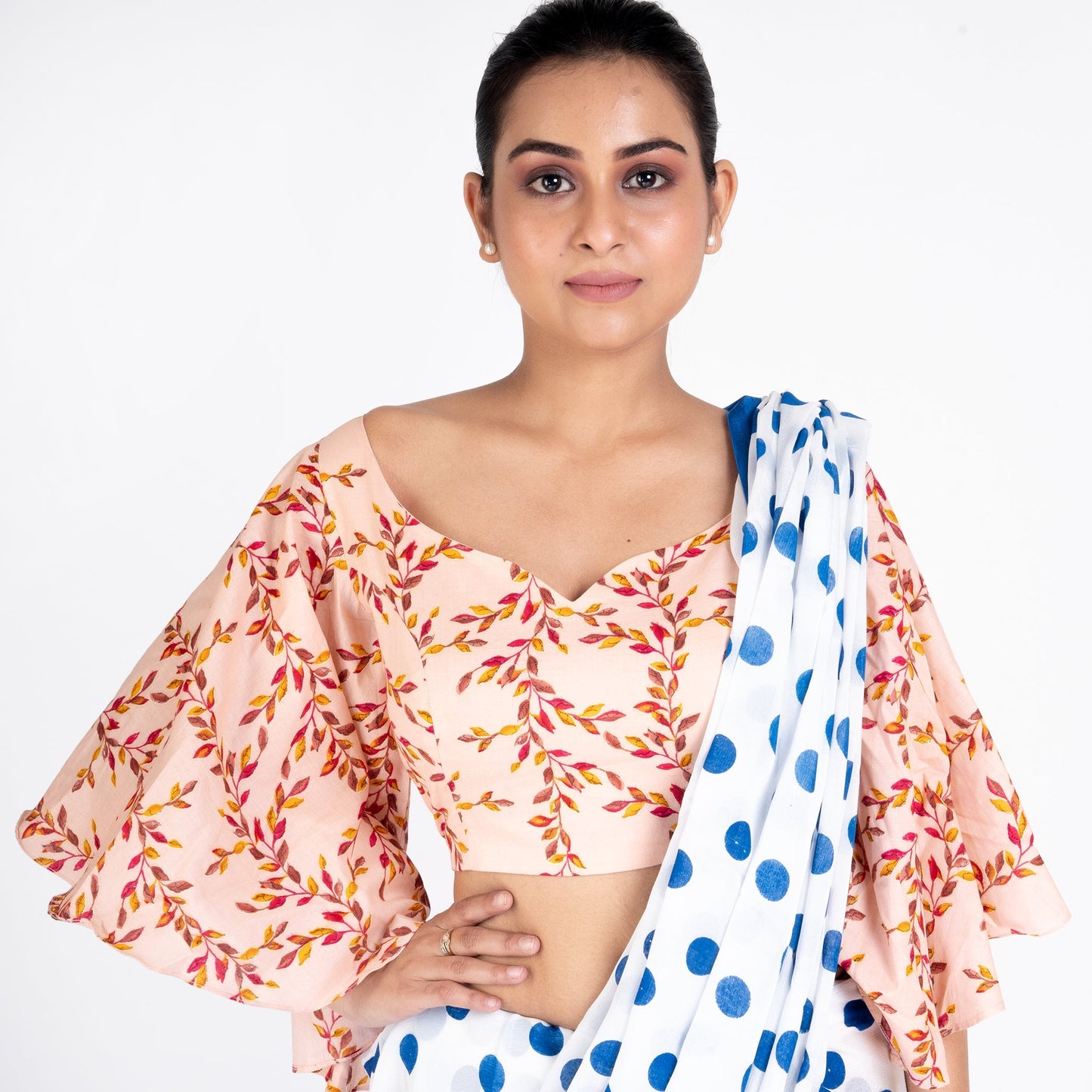 Women's Peach Printed Cotton Padded Blouse With Flaired Sleeves