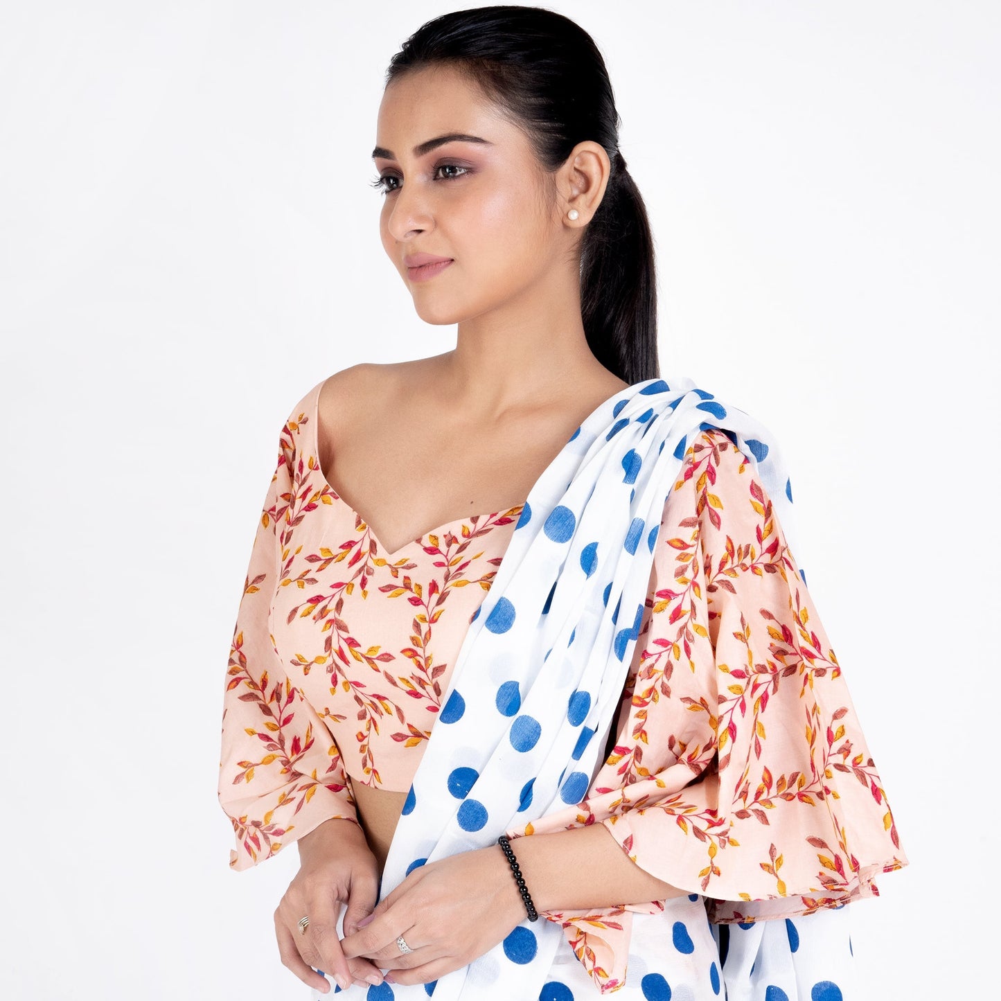 Women's Peach Printed Cotton Padded Blouse With Flaired Sleeves