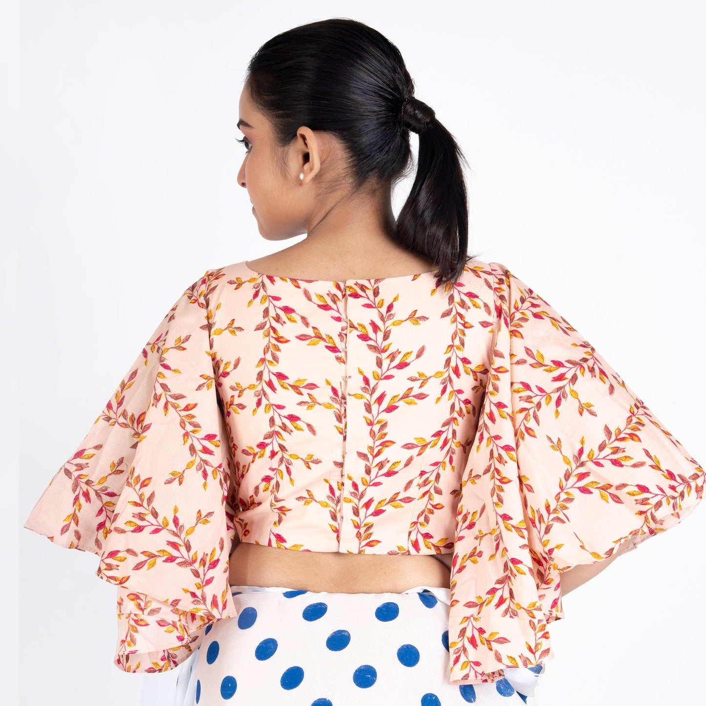 Women's Peach Printed Cotton Padded Blouse With Flaired Sleeves