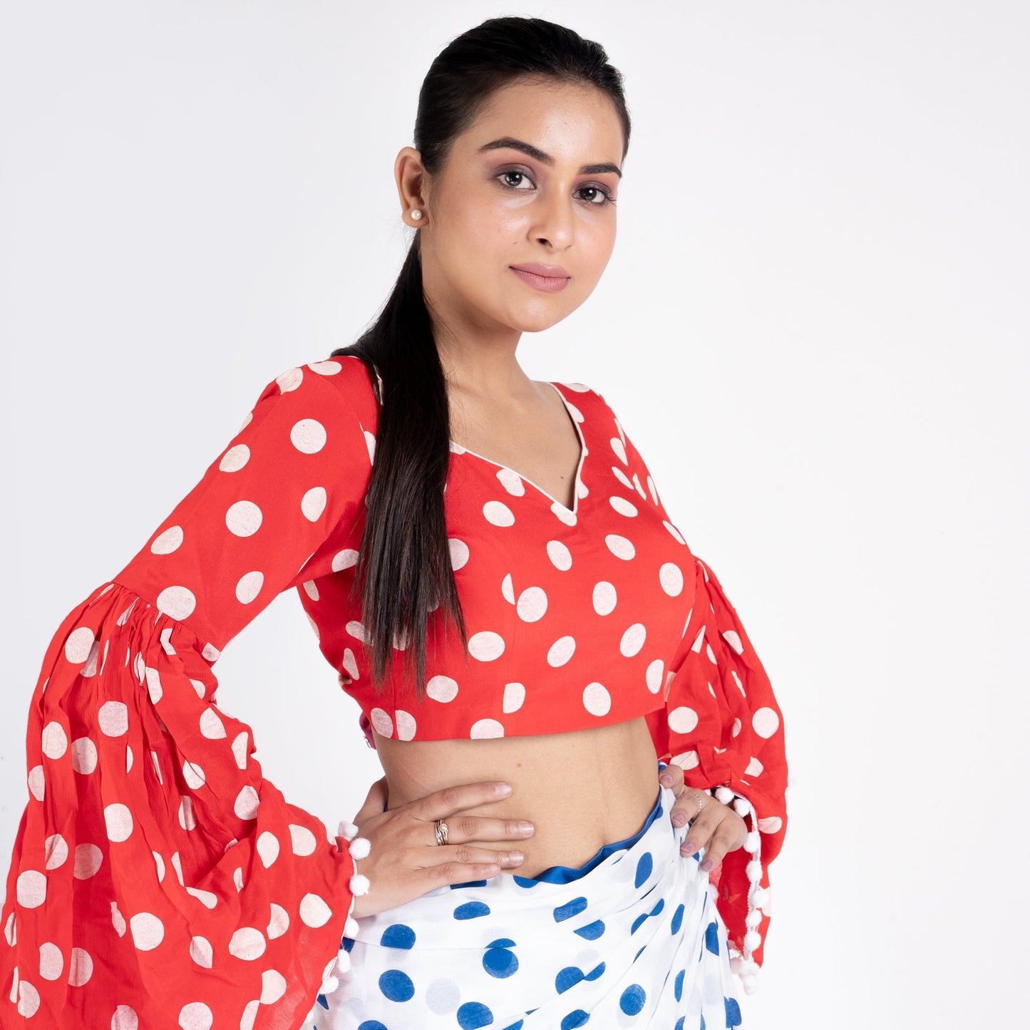 Women's Red Polka Dotted Chiffon Padded Blouse