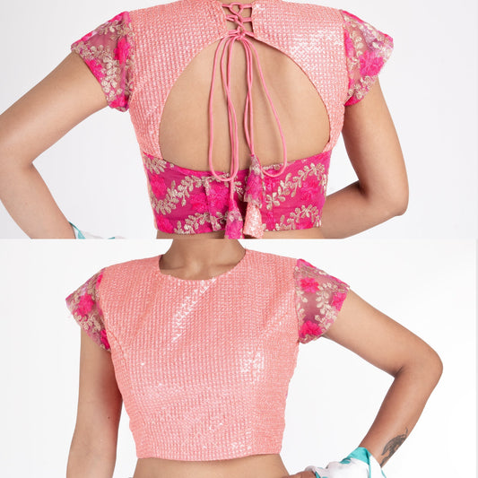 Women's Peach Sequin Net Padded Blouse With Pink Floral Net Detailing