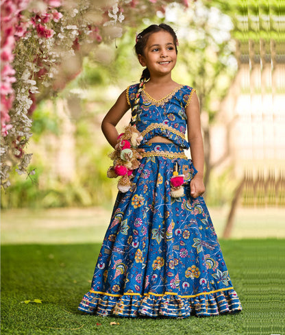 Girl's Blue Print Lehenga Choli