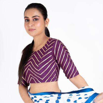 Women's Purple Rawsilk Padded Blouse With Gota Work