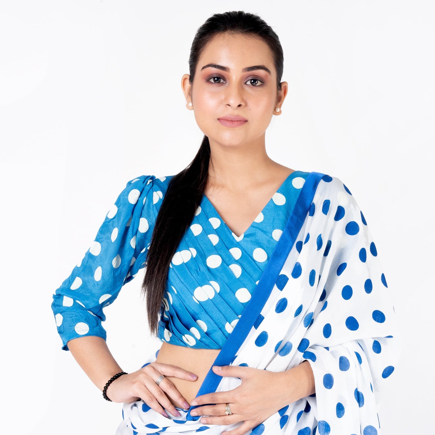 Women's Blue Polka Dotted Front Side Pleadted Padded Chiffon Blouse