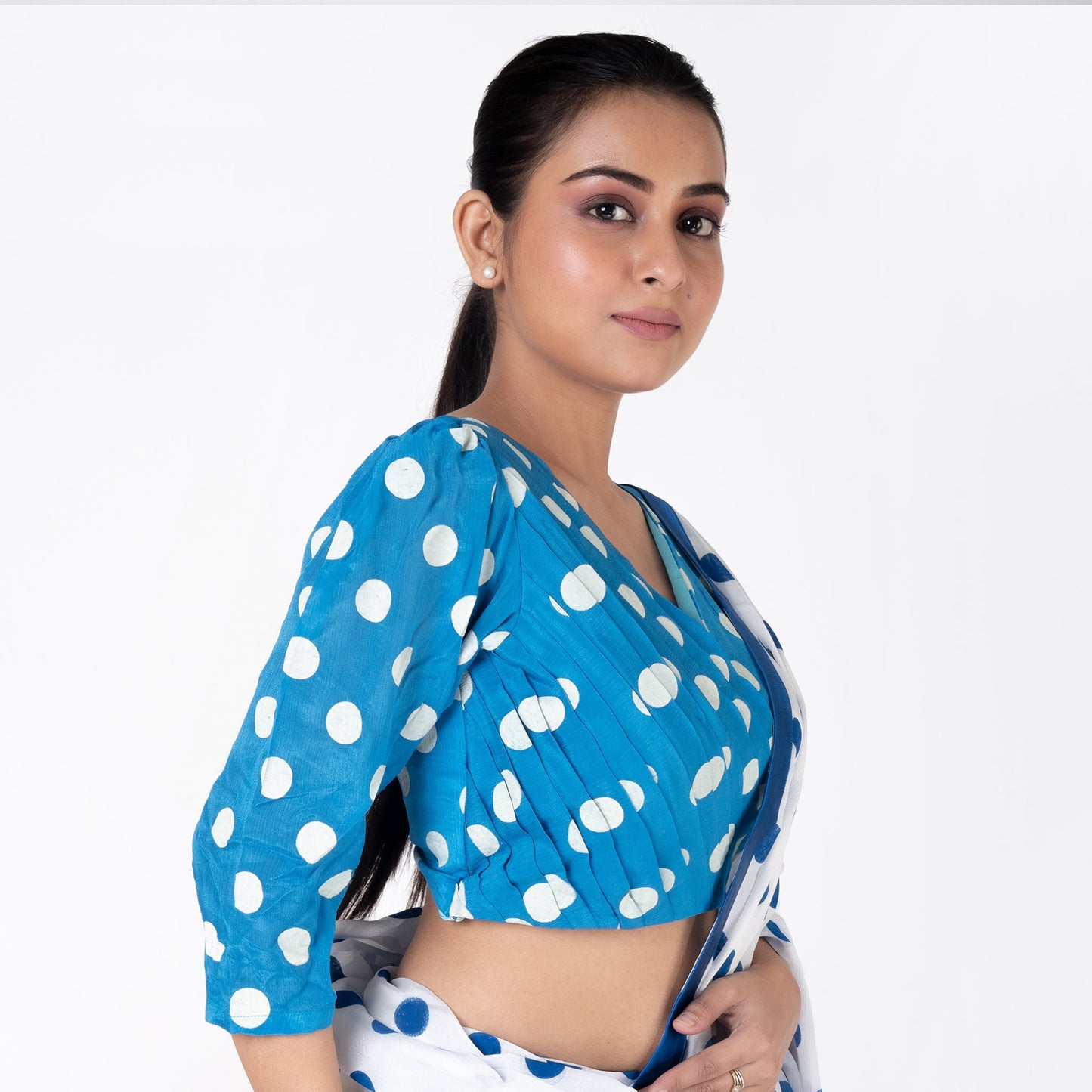 Women's Blue Polka Dotted Front Side Pleadted Padded Chiffon Blouse