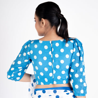 Women's Blue Polka Dotted Front Side Pleadted Padded Chiffon Blouse