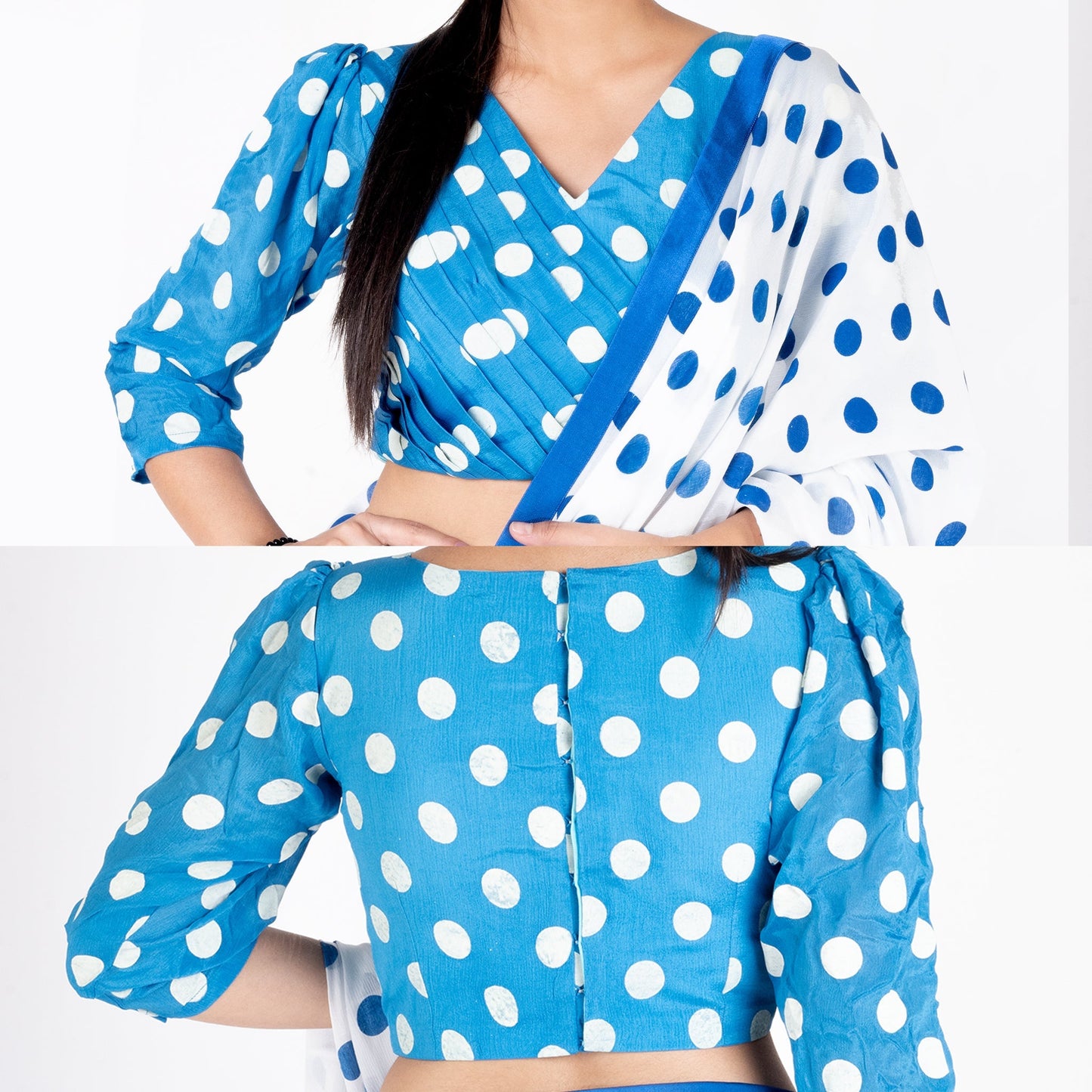 Women's Blue Polka Dotted Front Side Pleadted Padded Chiffon Blouse