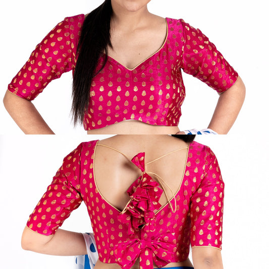 Women's Pink Brocade Padded Blouse With Back Design