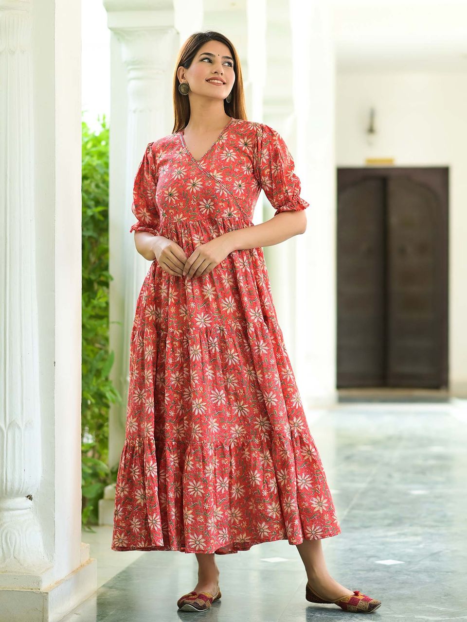 Women's Desirable Red Tiered Anarkali Cotton Dress