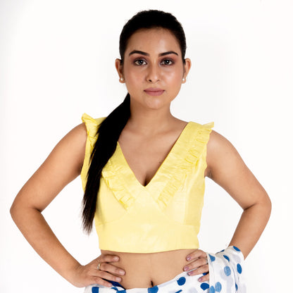 Women's Lemon Yellow Rawsilk Padded Blouse With Ruffel Design