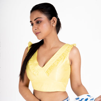 Women's Lemon Yellow Rawsilk Padded Blouse With Ruffel Design