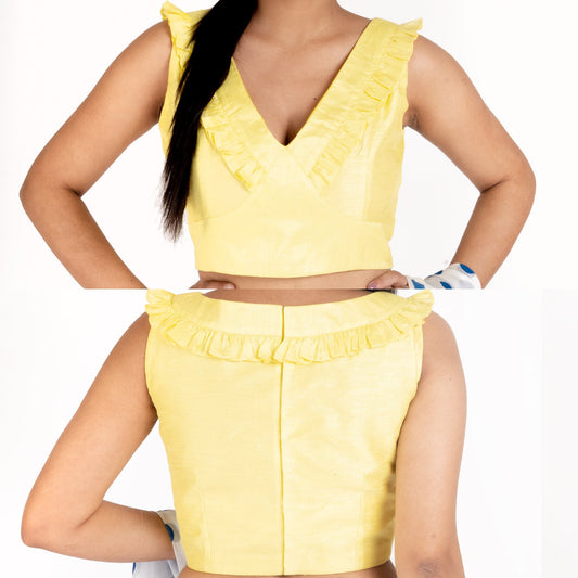 Women's Lemon Yellow Rawsilk Padded Blouse With Ruffel Design