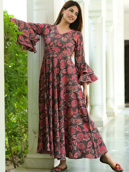 Women's Elegant Grey Floral Rayon Dress