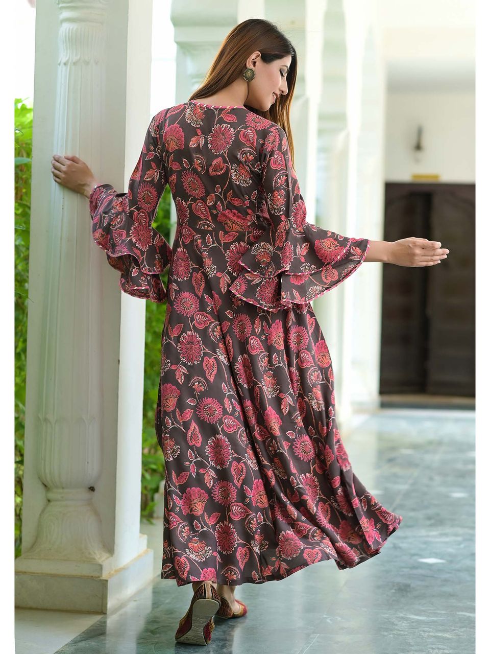 Women's Elegant Grey Floral Rayon Dress