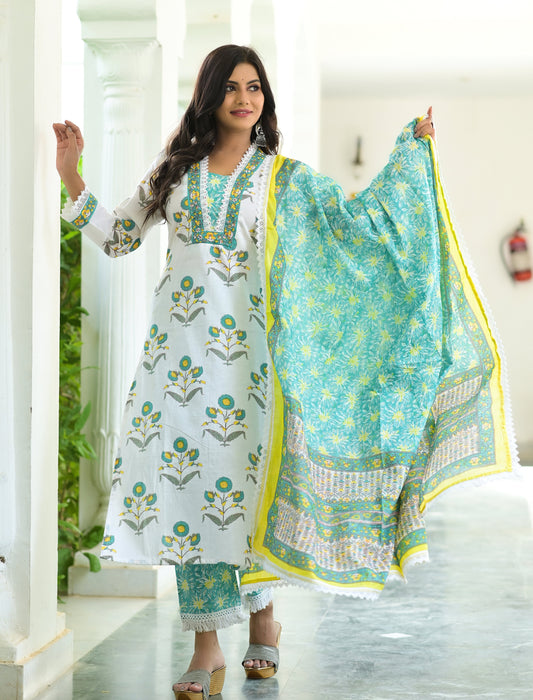 Women's White Snowy Mughal Print Hand Block Suit Set