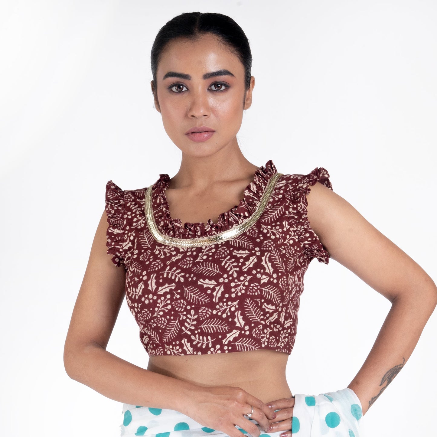 Women's Maroon Printed Cotton Padded Blouse With Ruffel And Back Dori